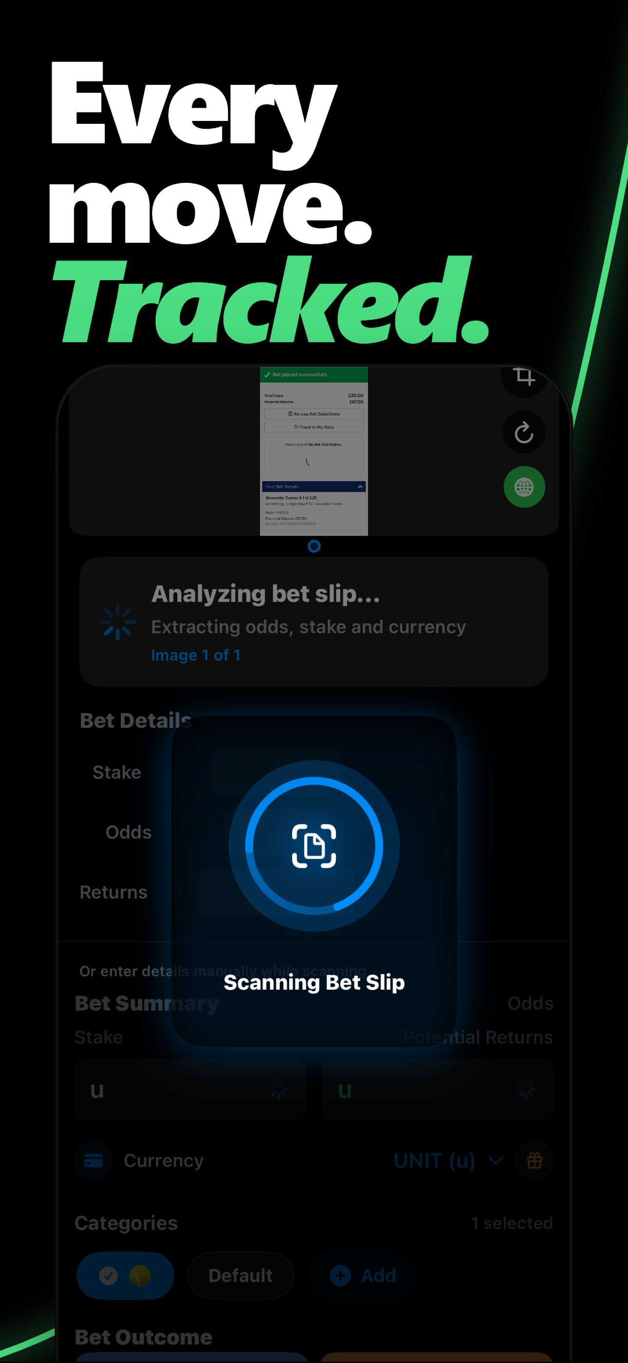 Zort app scanning a bet slip — "Every move tracked"