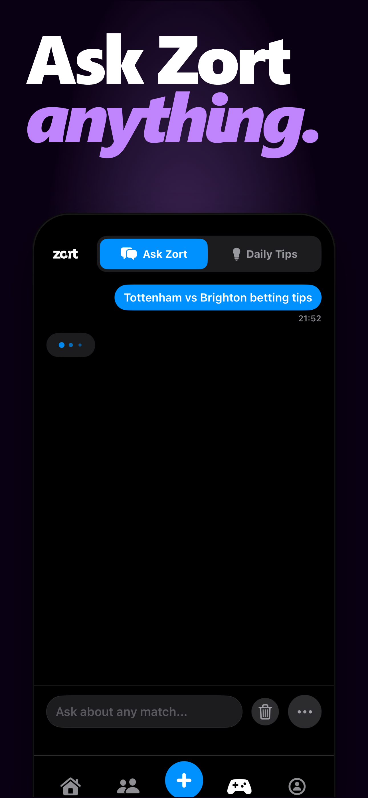 AskZort AI chat answering a Tottenham vs Brighton betting tips query