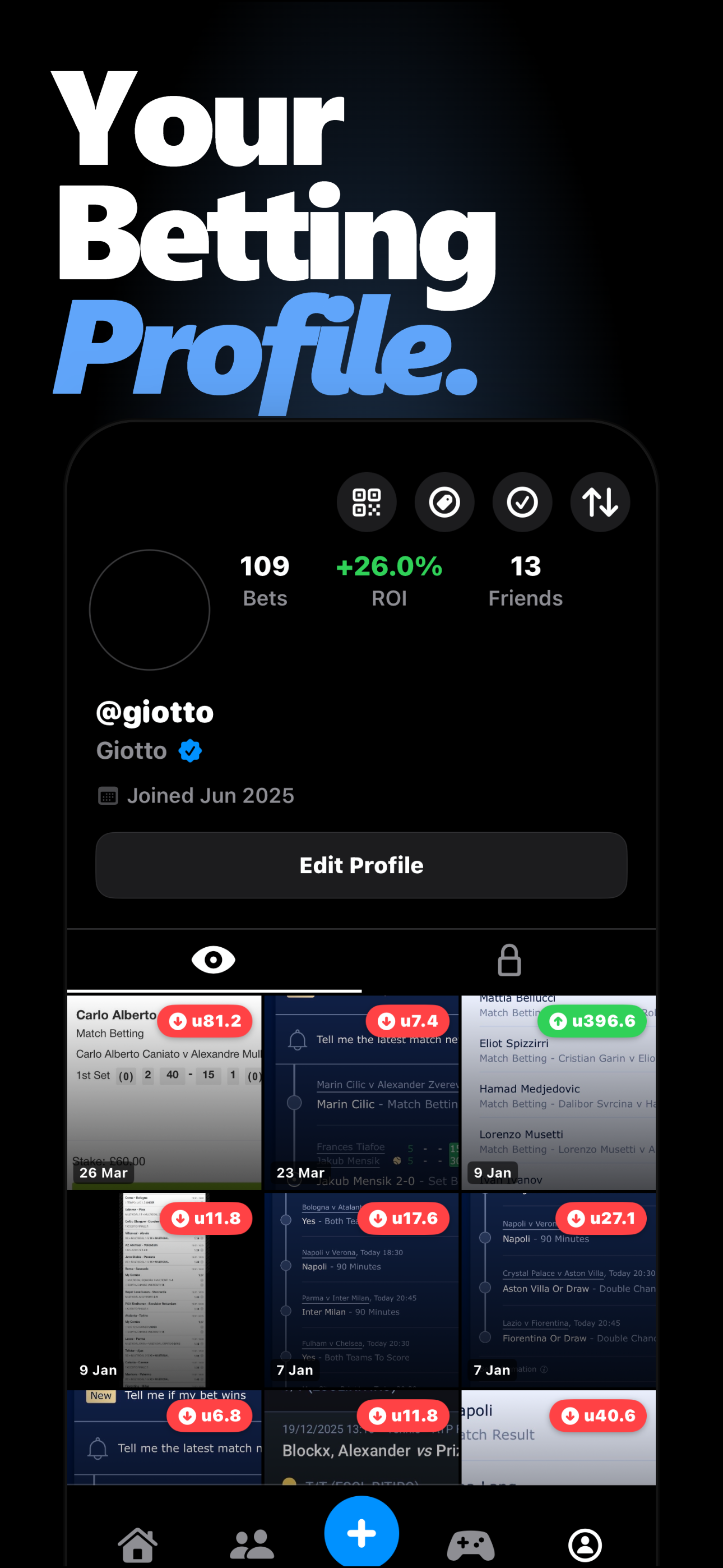 Zort user profile showing 109 bets, +26% ROI, and bet gallery